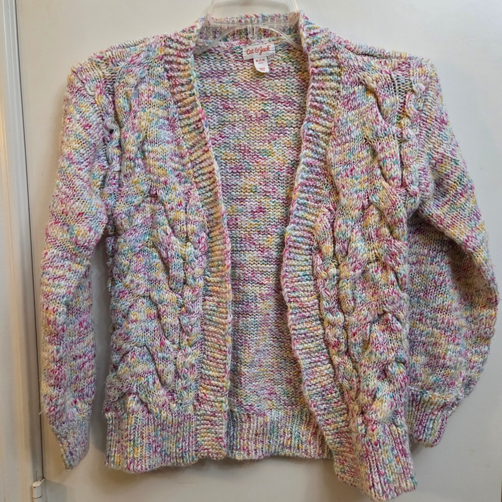 Cat & Jack Girls Medium 7/8 Rainbow Space Dye Cable Knit Open Cardigan Sweater